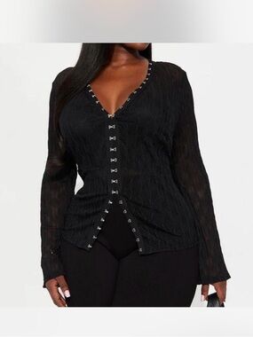 FASHION NOVA BLACK MESH BELL SLEEVE TOP